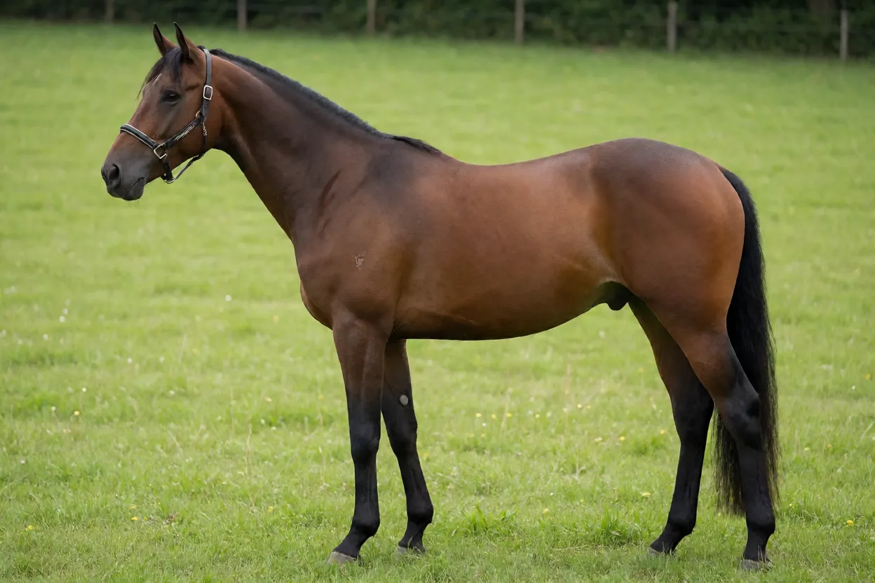Cavalo Austrian Warmblood adulto castanho em perfil na pastagem