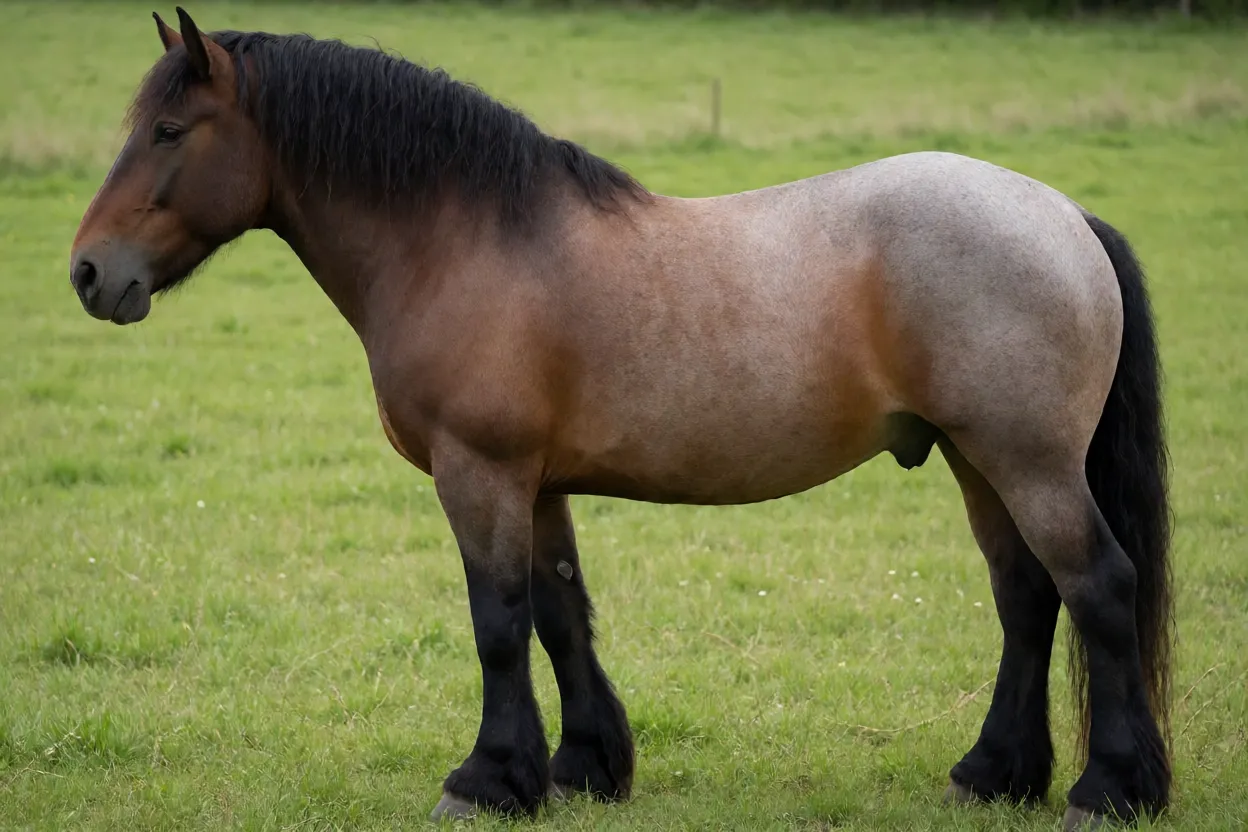 Cavalo Auxois adulto de corpo inteiro em pasto, mostrando porte grande e pelagem alazã rosilha