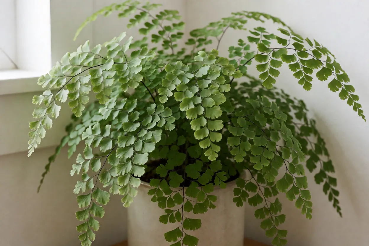 Avenca Avenca Adiantum raddianum adulta em vaso de cerâmica com folhas em leque e talos pretos