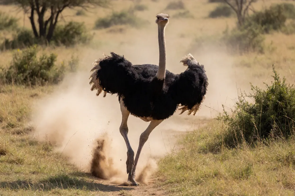 Avestruz correndo em alta velocidade na savana