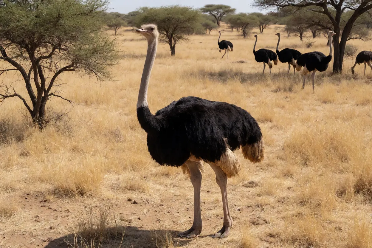 Avestruzes em habitat natural de savana árida africana