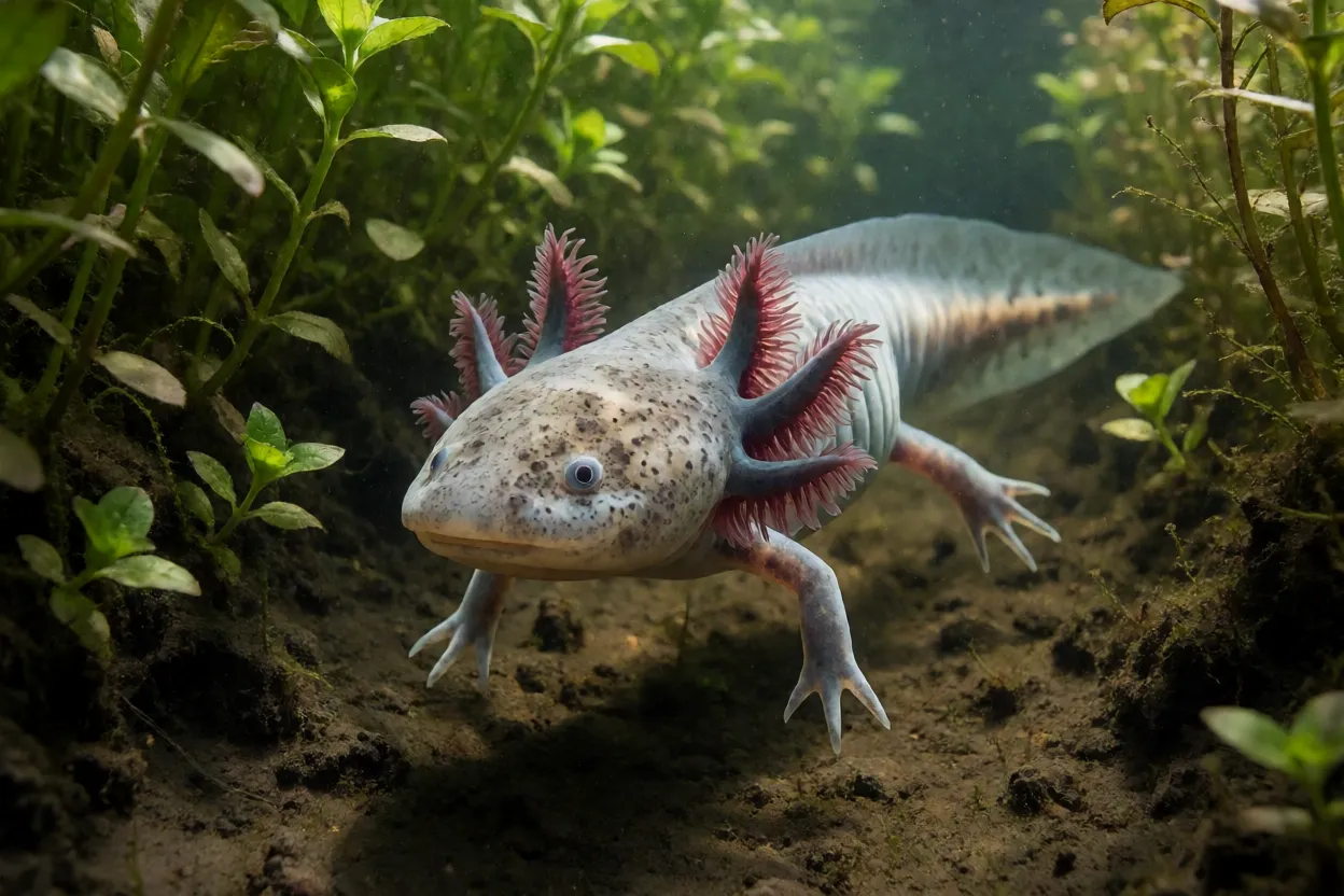 Axolote nadando entre plantas aquáticas em canal de água doce