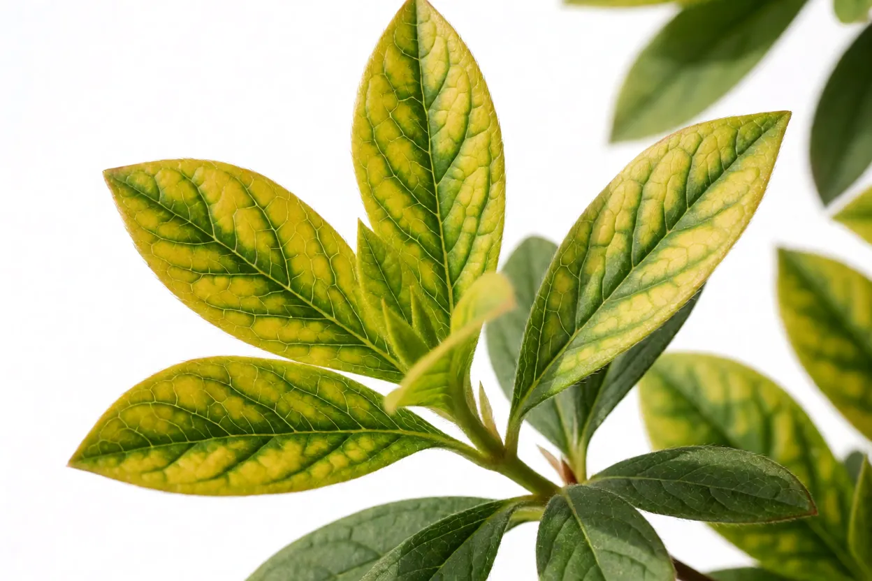 Folhas amarelas de azaleia mostrando clorose por solo alcalino