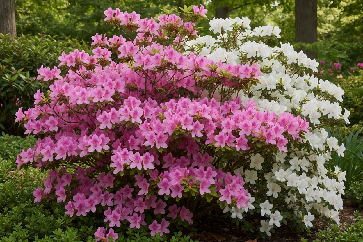 Azaleia florida no jardim em primavera com flores abundantes