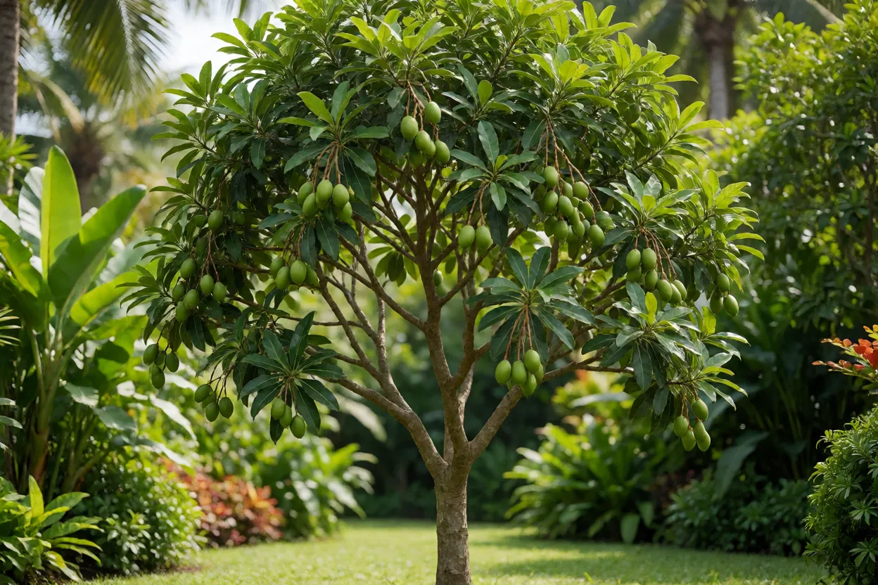 Árvore de azeitona-do-ceilão carregada de frutos verdes em quintal tropical