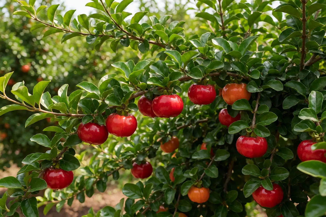 Pé de azerola carregado de frutos vermelhos entre folhas verdes