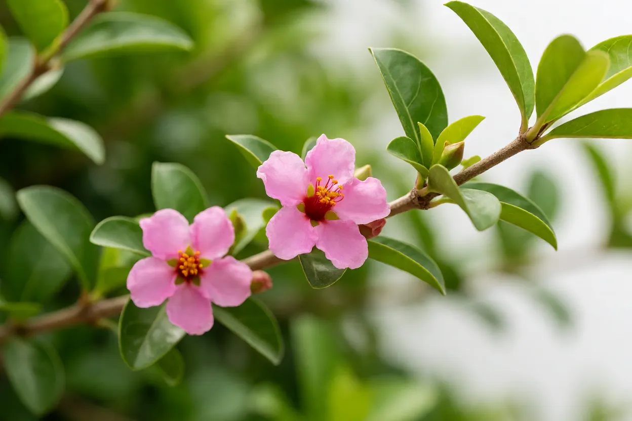 Flores rosadas da azeroleira entre folhas verdes