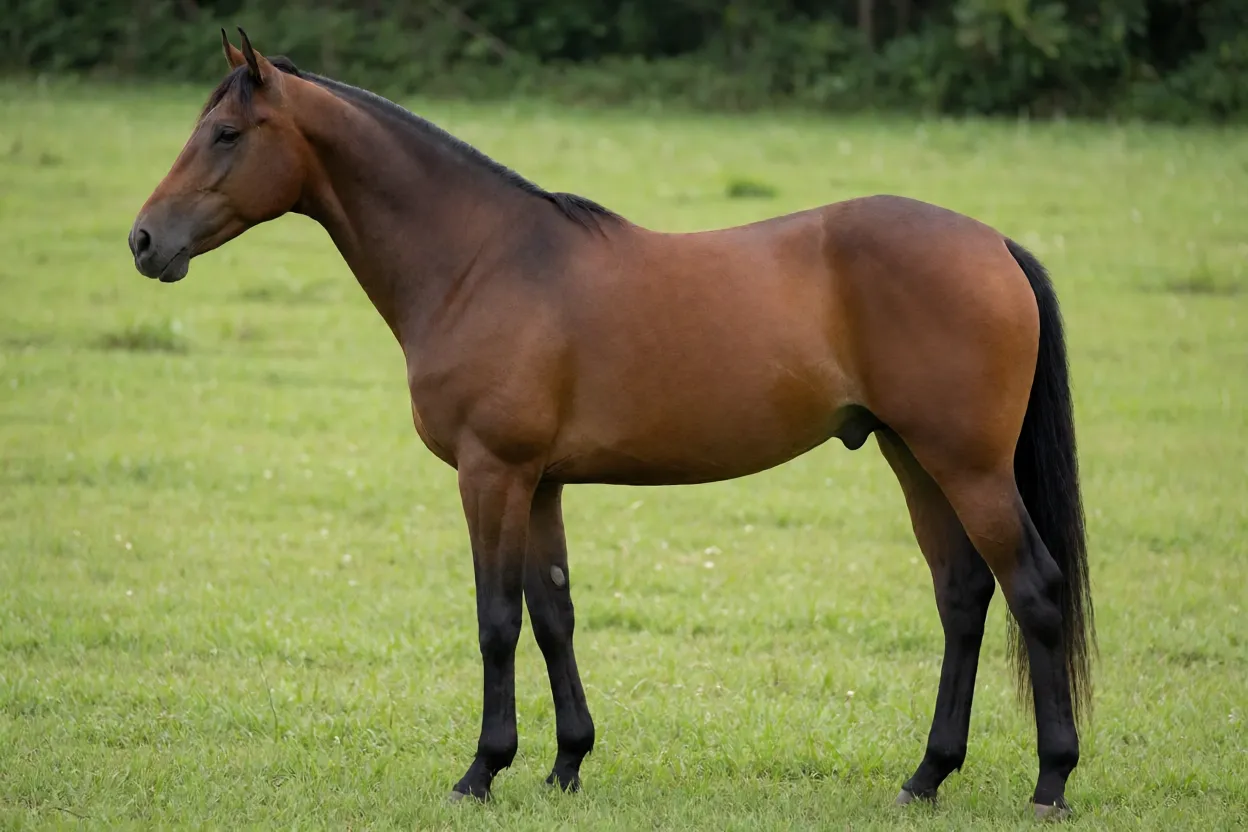 Cavalo Azteca adulto de pelagem castanha em vista lateral na pastagem