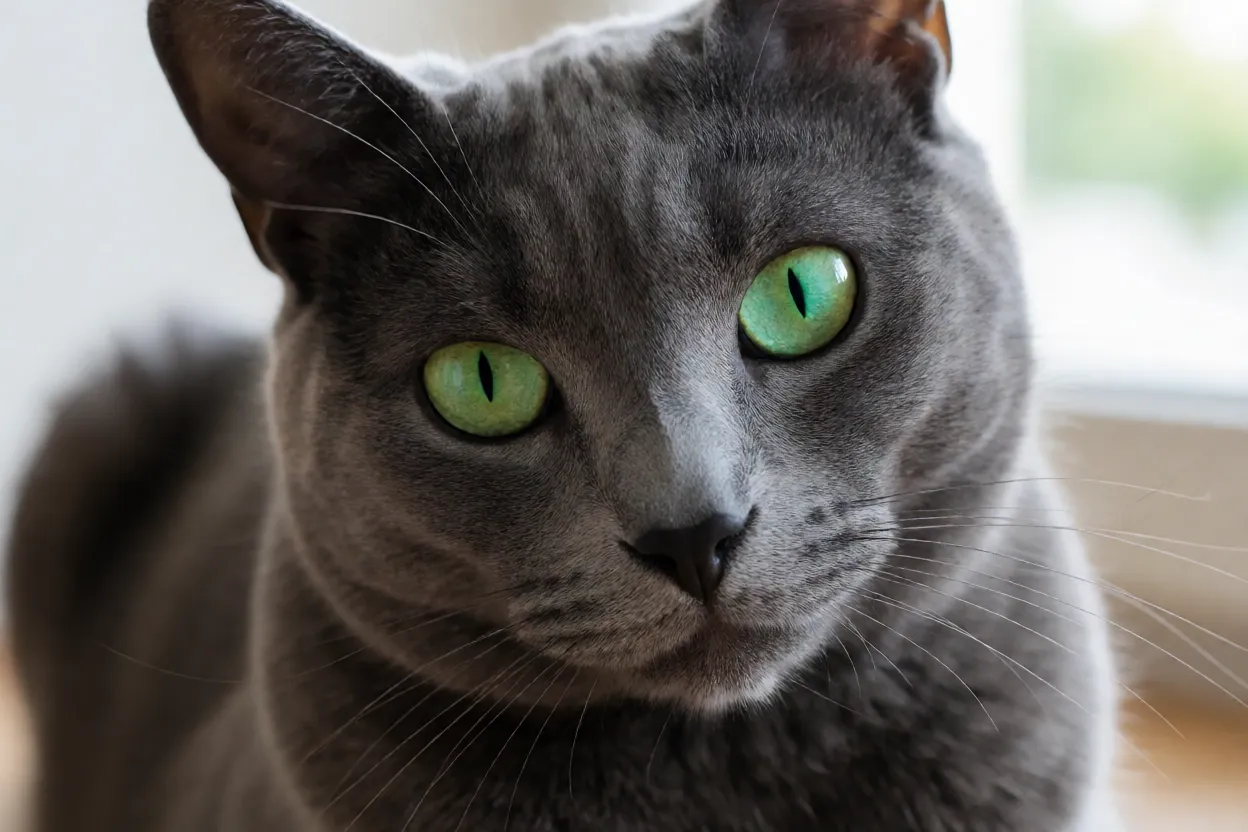 Olhos verde-esmeralda de um Azul Russo adulto em close