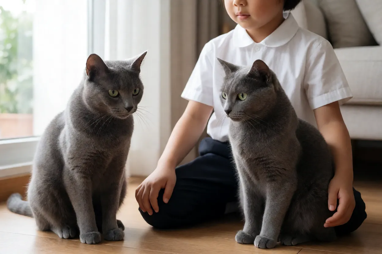 Crian&ccedil;a observando um Azul Russo de longe, sentada no ch&atilde;o em sil&ecirc;ncio