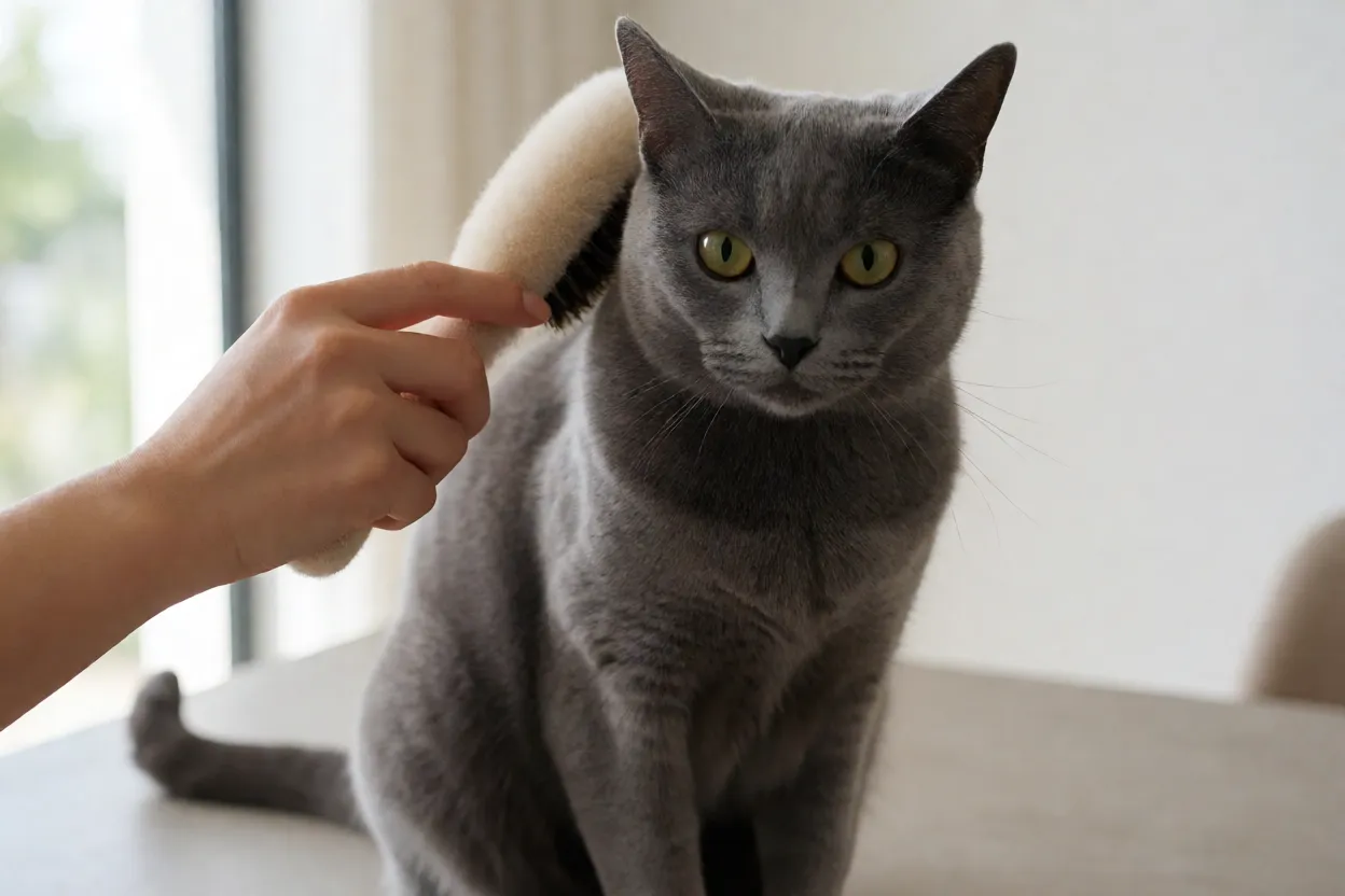 Tutor escovando suavemente o pelo curto de um Azul Russo