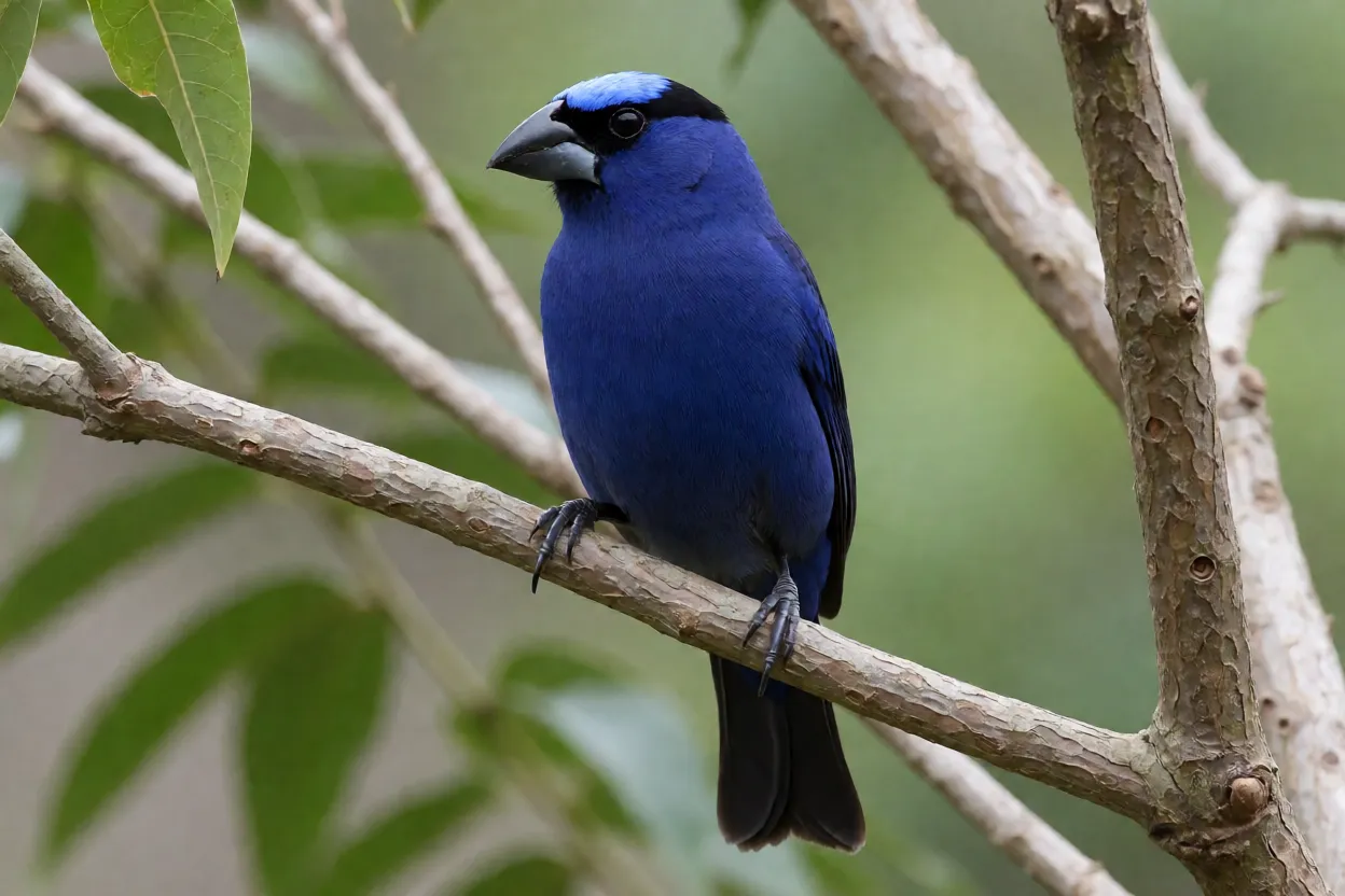 Azulão macho adulto pousado em galho fino mostrando plumagem azul-ultramarino