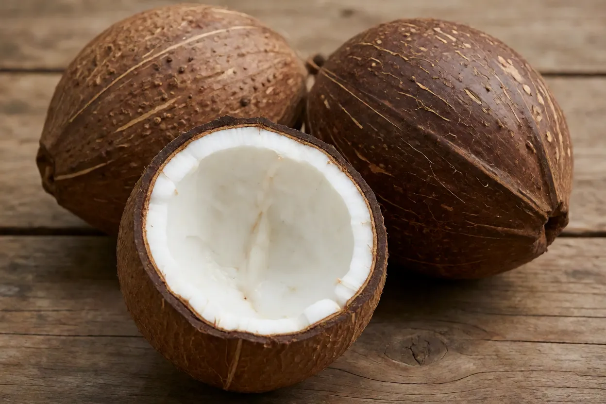 Cocos de babaçu inteiros e cortados mostrando amêndoas