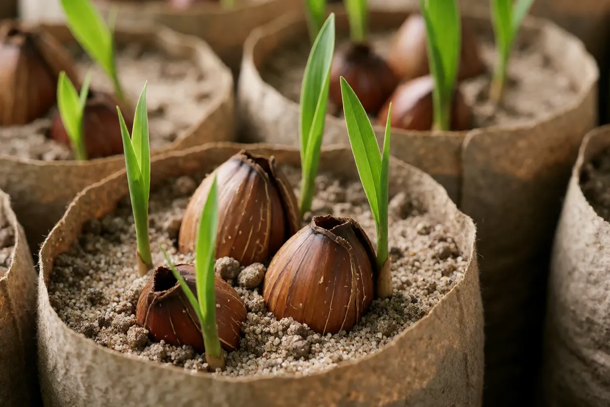 Mudas de babaçuzeiro germinando em viveiro