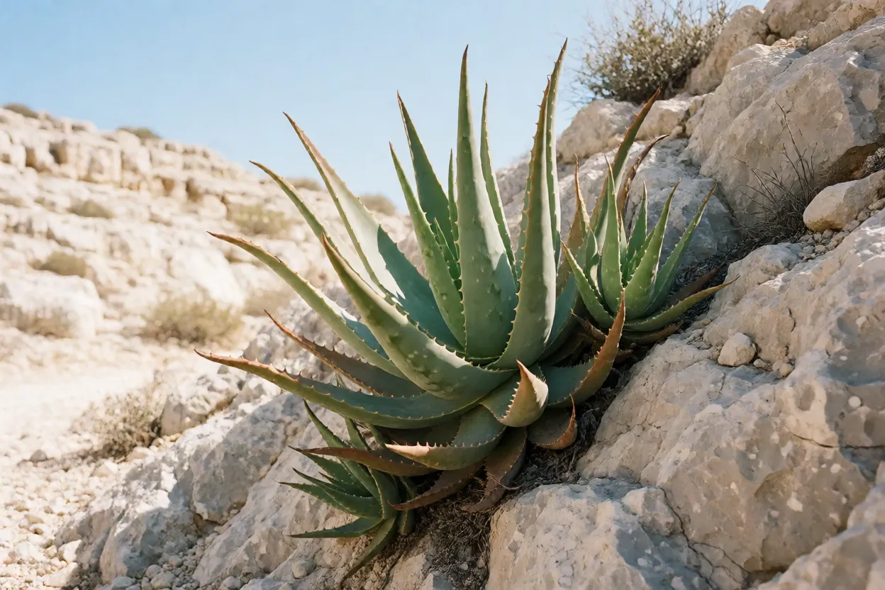 Aloe vera em habitat &aacute;rido rochoso semelhante ao nativo