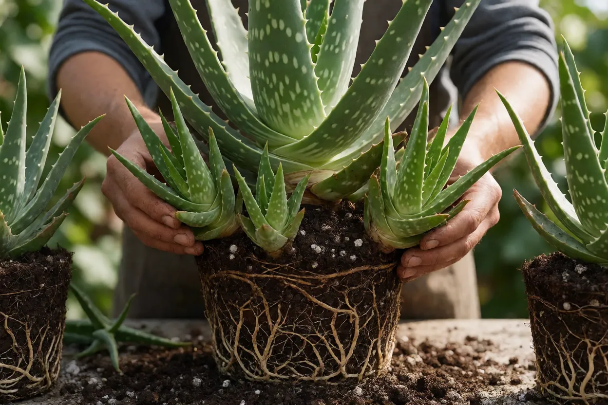 Filhotes de babosa sendo separados da planta-m&atilde;e