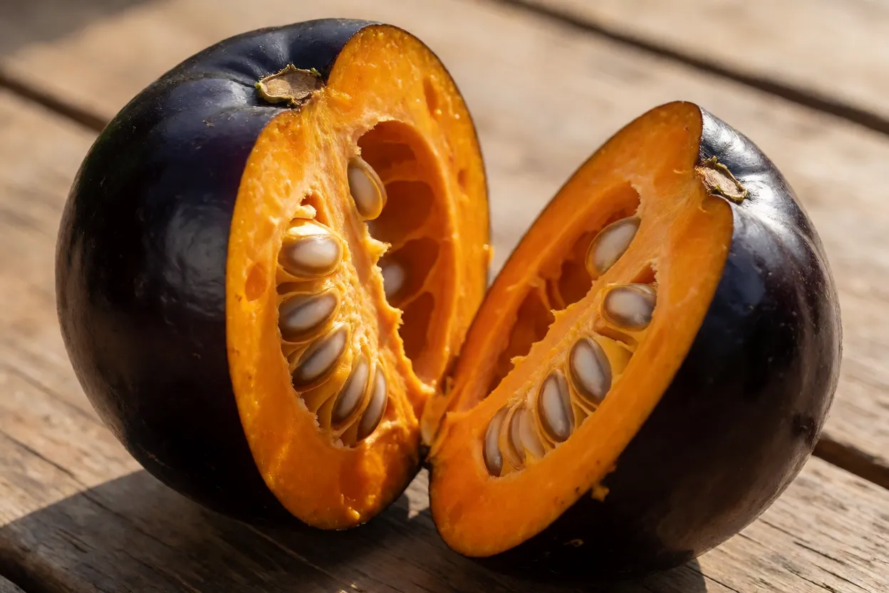 Frutos de bacaba inteiros e um cortado ao meio mostrando polpa e semente