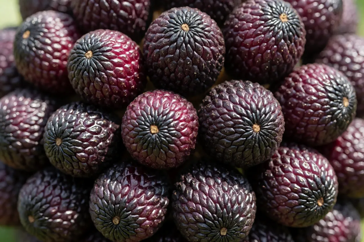 Close-up de cacho de bacaba-de-leque mostrando frutos roxo-escuros brilhantes