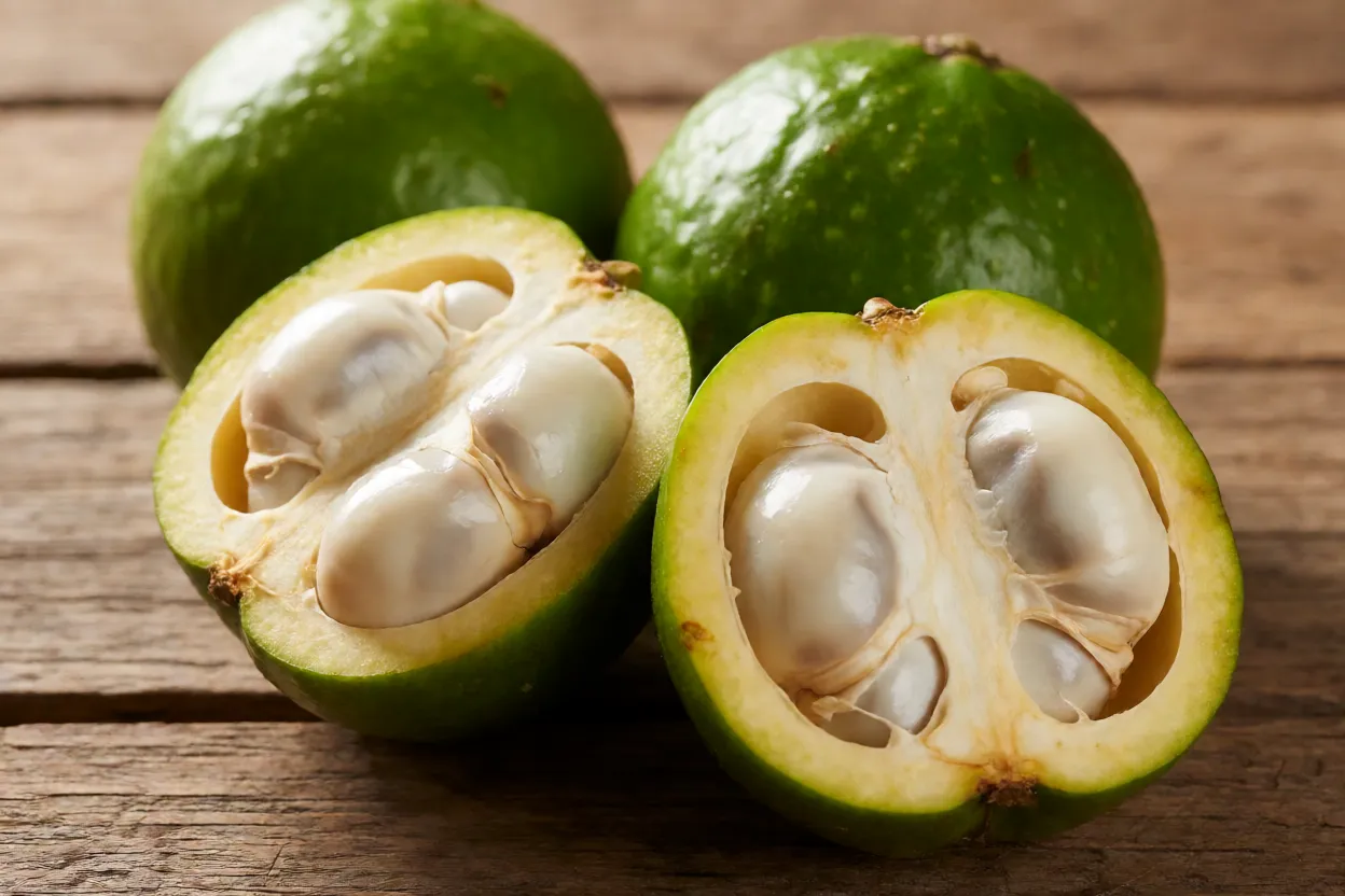 Frutos de bacupari inteiros e cortado ao meio mostrando polpa branca e sementes