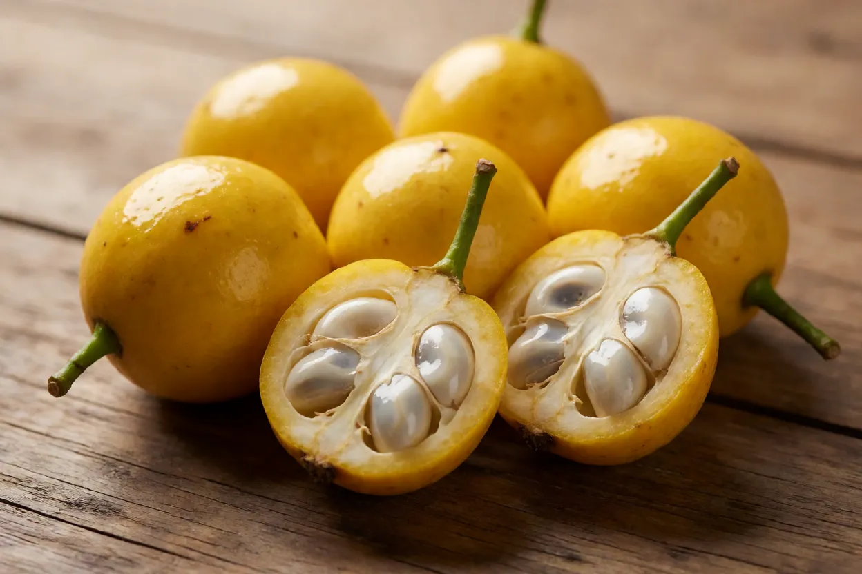 Frutos maduros de bacupari-açu inteiros e um cortado mostrando polpa branca e sementes