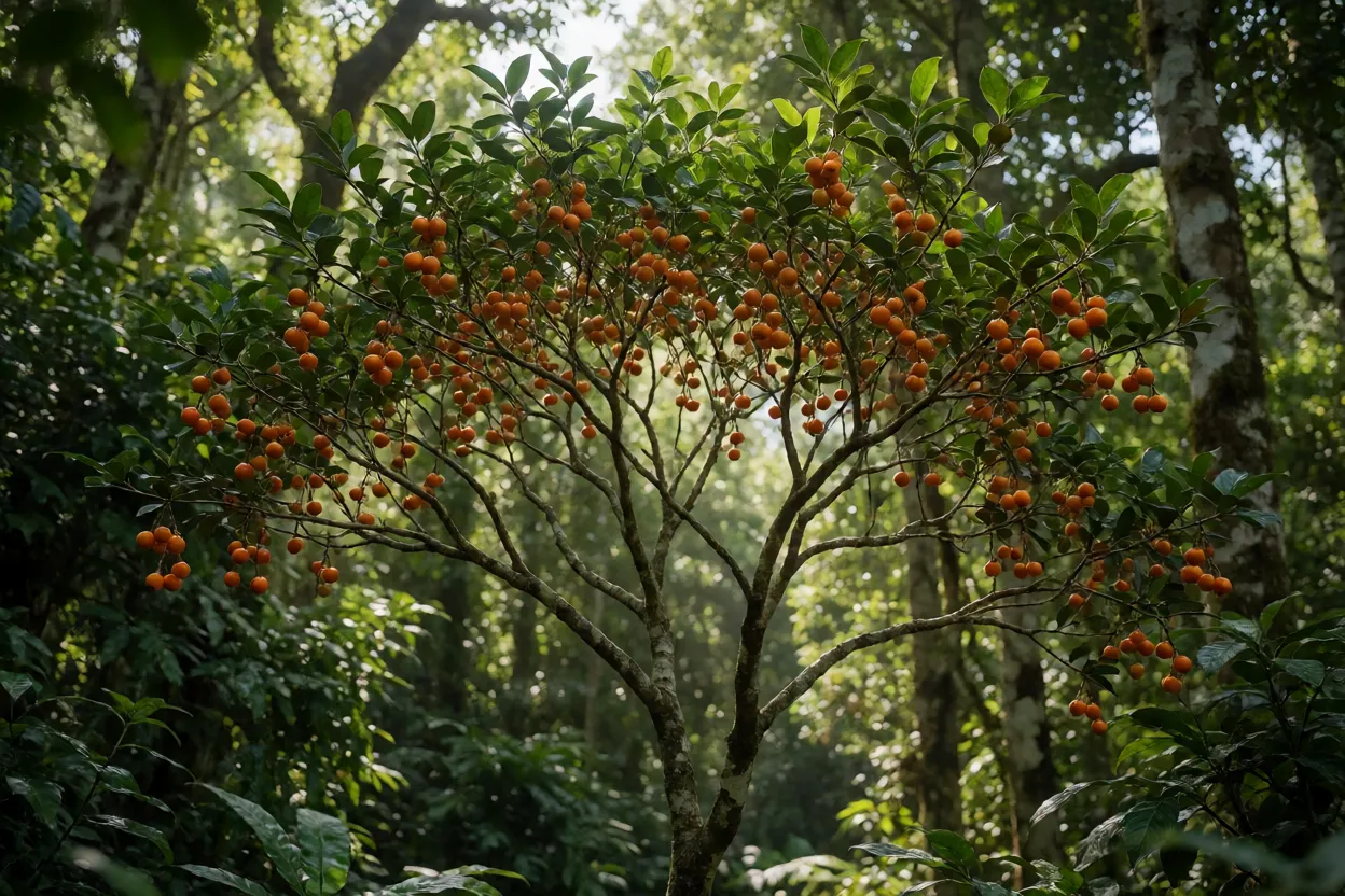 Árvore de bacupari-da-mata com frutos pendentes nos ramos
