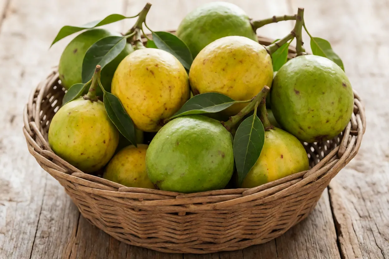 Cesta com colheita de bacupari-da-mata recém-colhidos