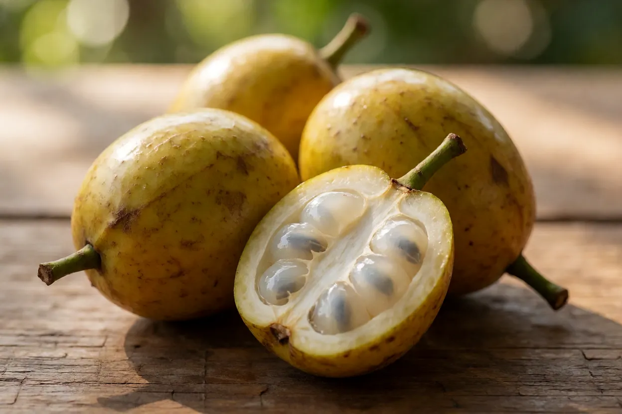 Frutos de bacupari-mirim inteiros e cortado mostrando polpa branca translúcida