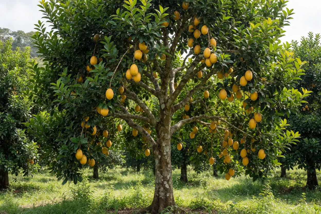 Bacuparizeiro com frutos amarelos maduros na árvore