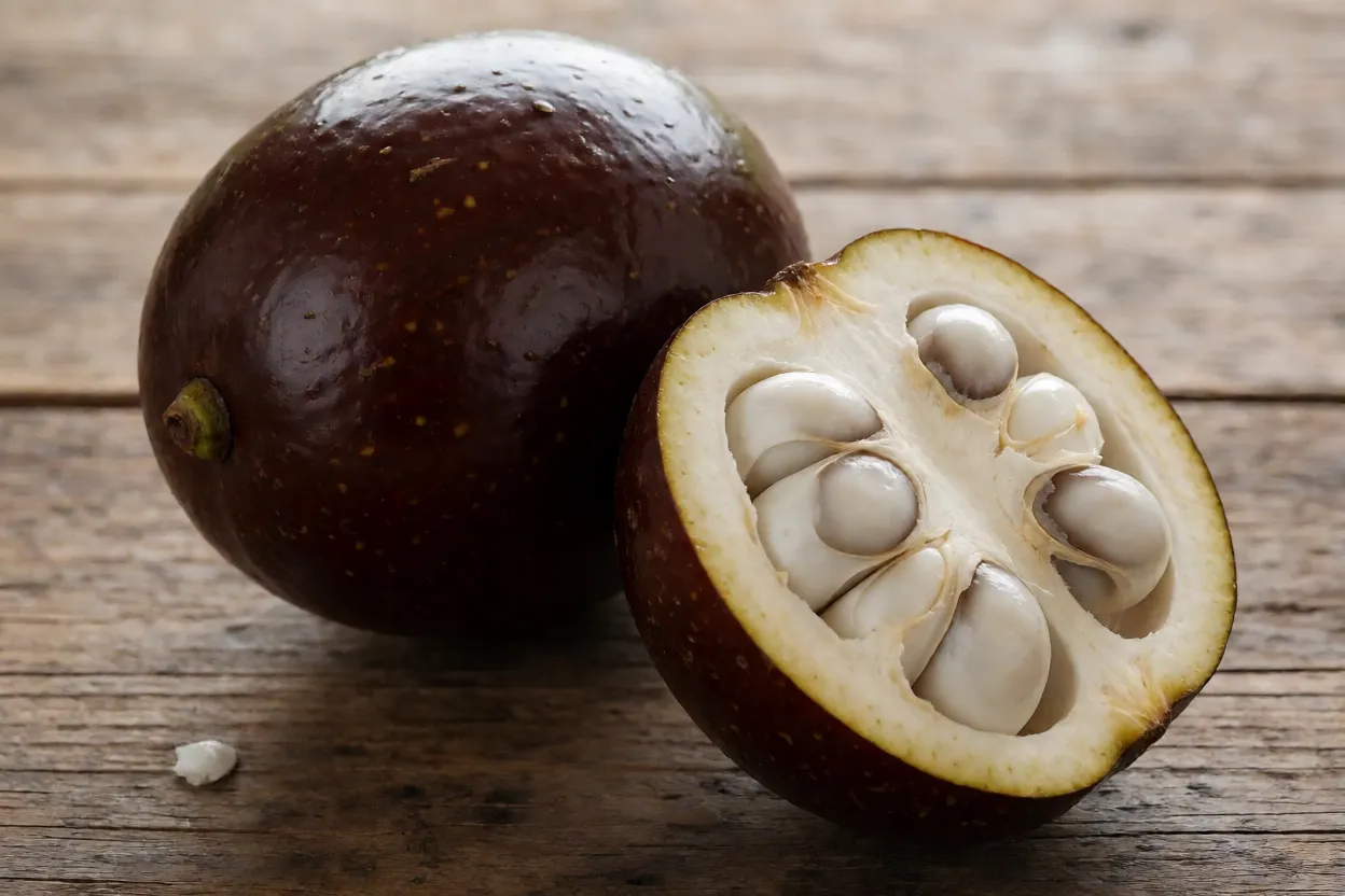 Fruta bacuri inteira e cortada ao meio mostrando polpa branca e sementes