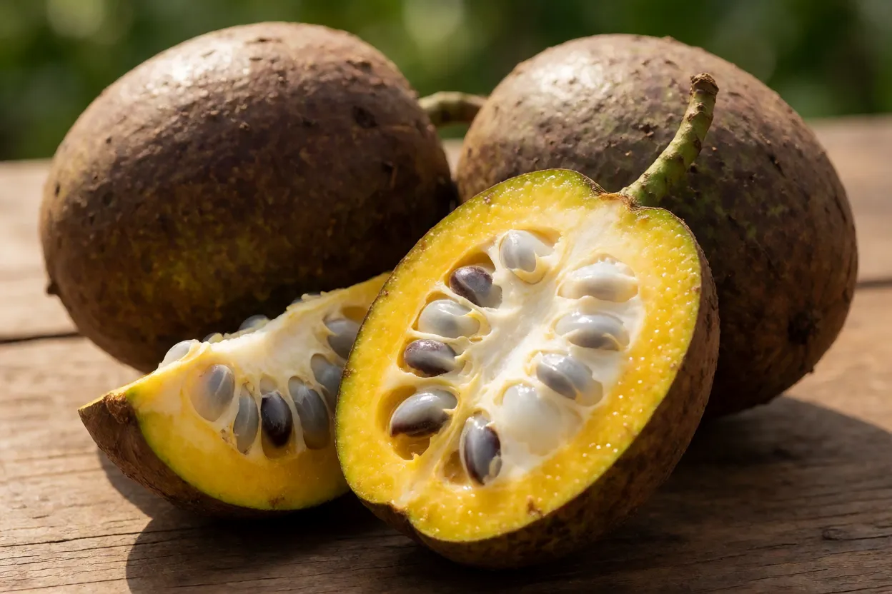 Frutos de bacuri-mirim inteiros e cortados mostrando polpa clara e sementes