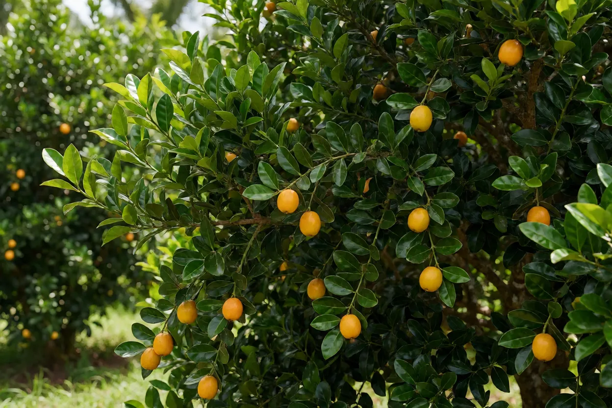 Árvore de bacuriparizeiro carregada de frutos amarelo-alaranjados