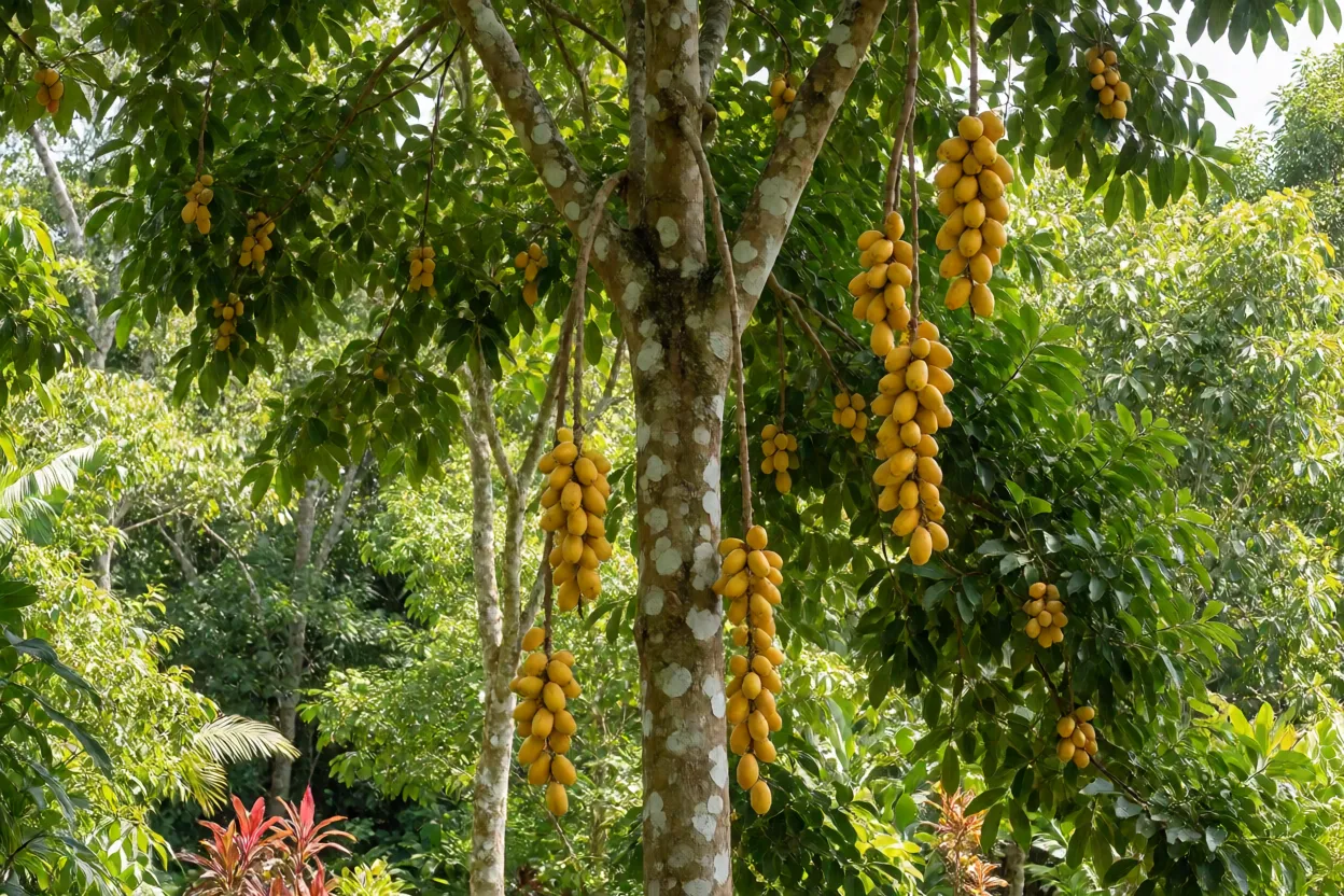 Bacurizeiro com frutos maduros pendentes na árvore