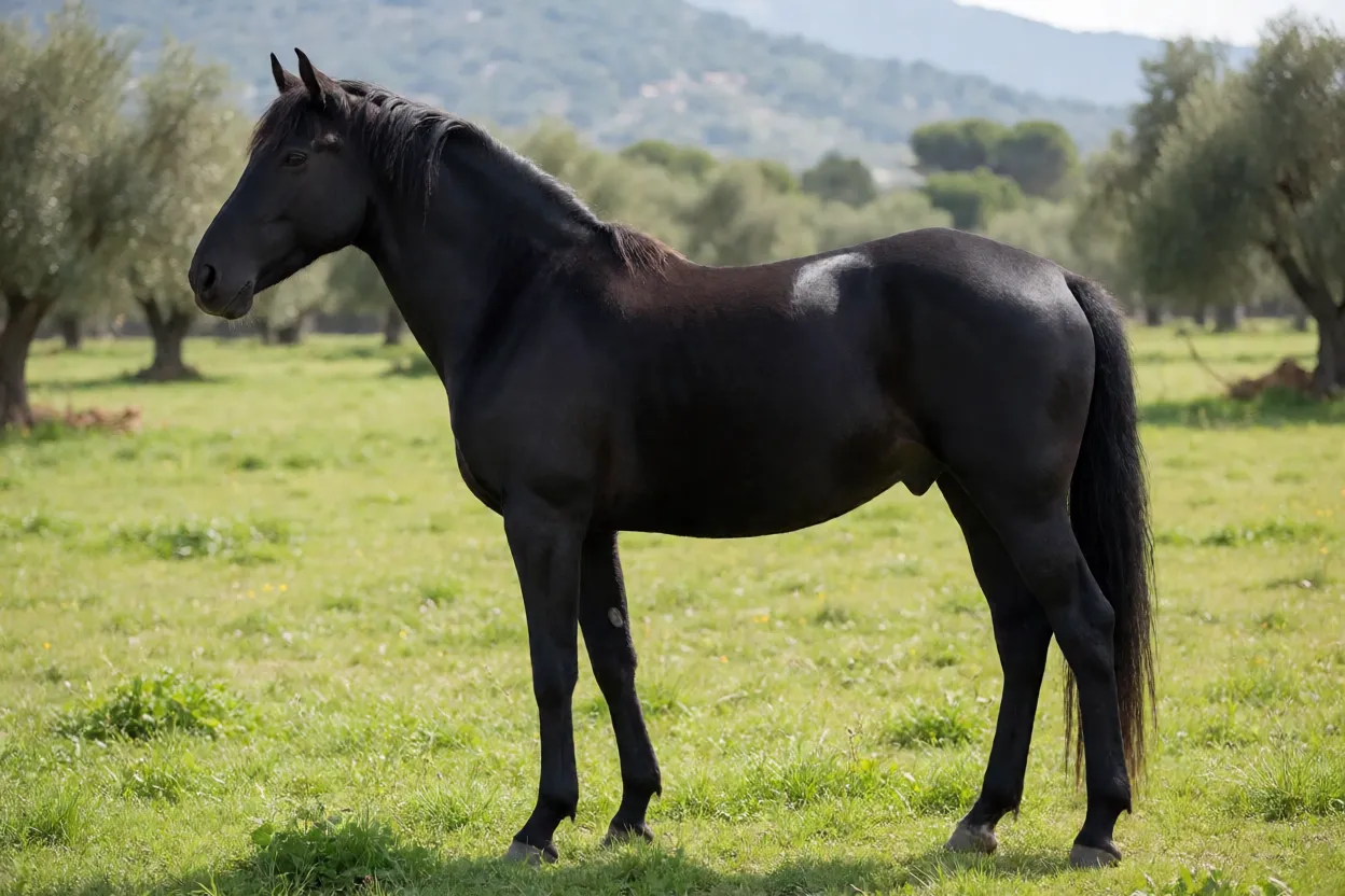 Cavalo Balear adulto de pelagem preta em perfil na pastagem