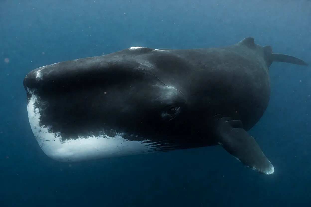 Baleia-da-groenlândia nadando de lado em água ártica, mostrando corpo preto e queixo branco