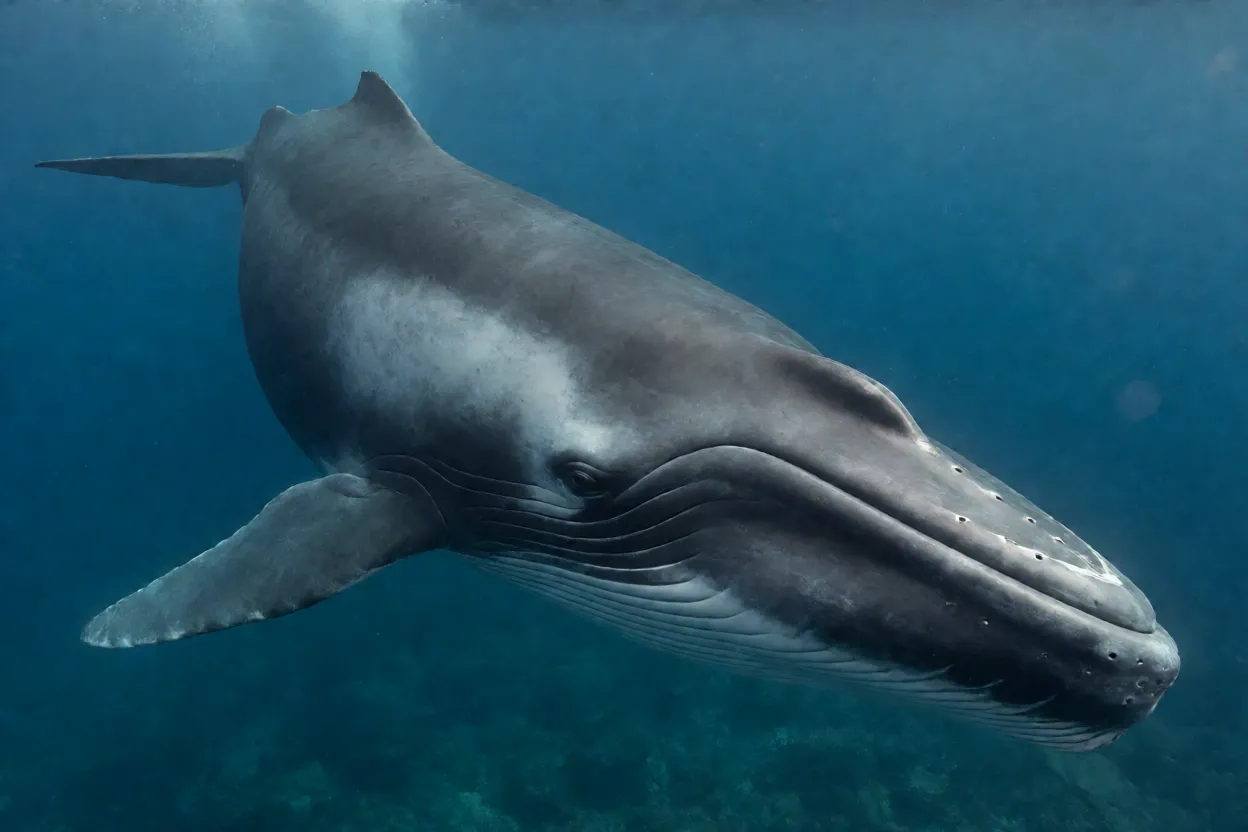 Baleia-de-bryde nadando de corpo inteiro no oceano tropical