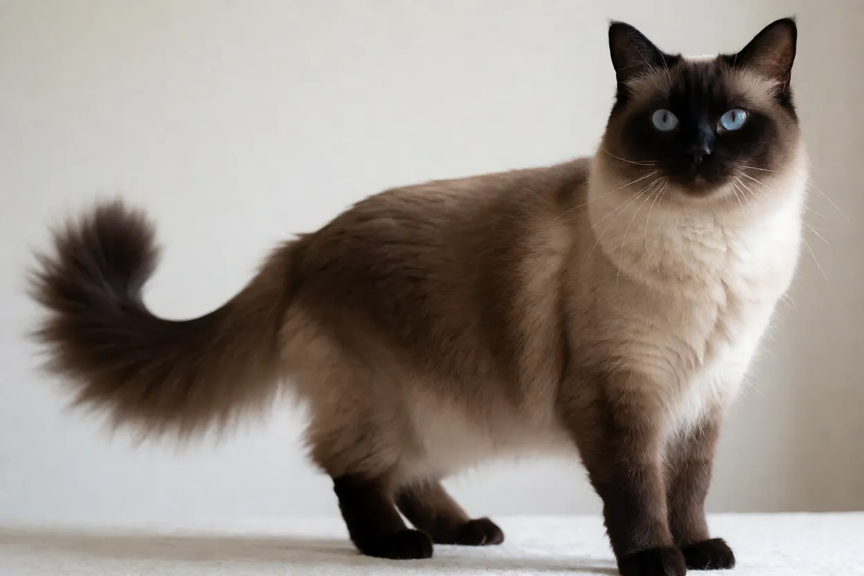 Gato Balinês adulto de corpo inteiro em vista três quartos com pelagem seal point semilonga e cauda em pluma