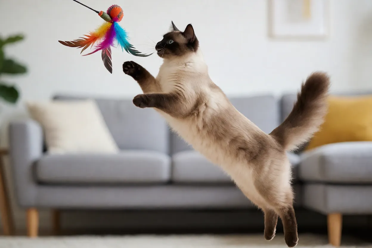 Gato Balinês saltando para brincar com varinha de penas dentro de casa