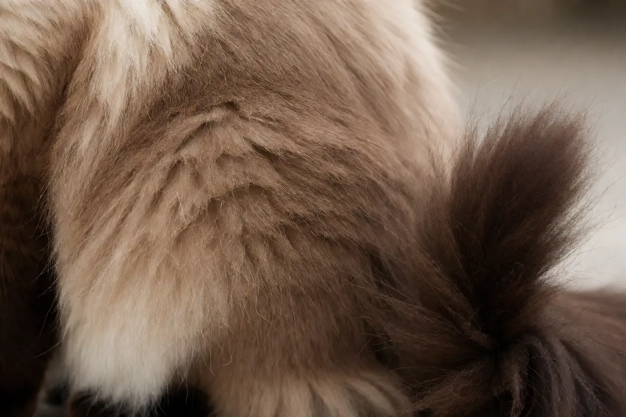 Detalhe da pelagem sedosa e da cauda em pluma do gato Balinês