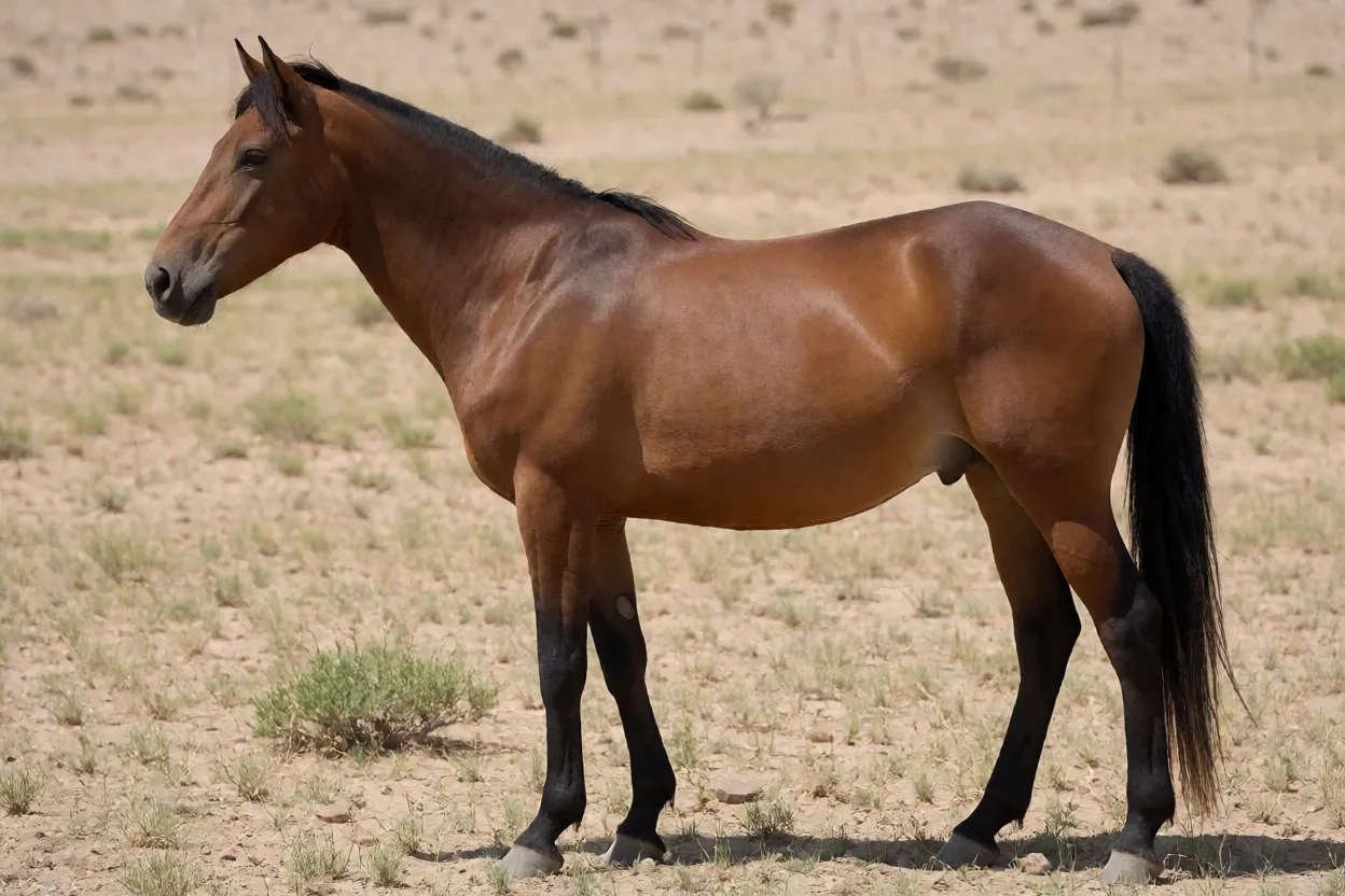 Baluchi Cavalo Baluchi adulto de pelagem baia em vista lateral em pasto árido