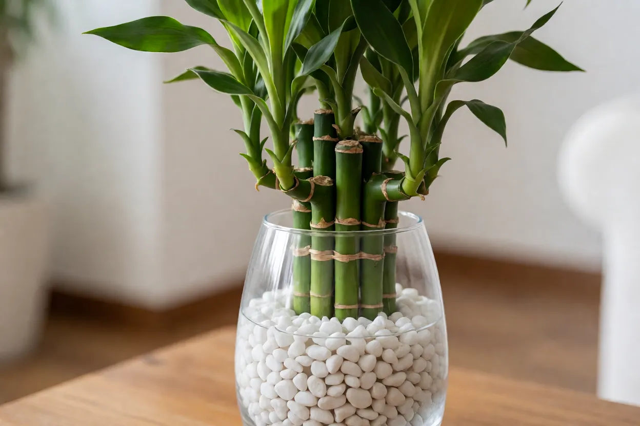 Bambu-da-sorte em vaso de vidro com pedras brancas e água, hastes verdes em espiral