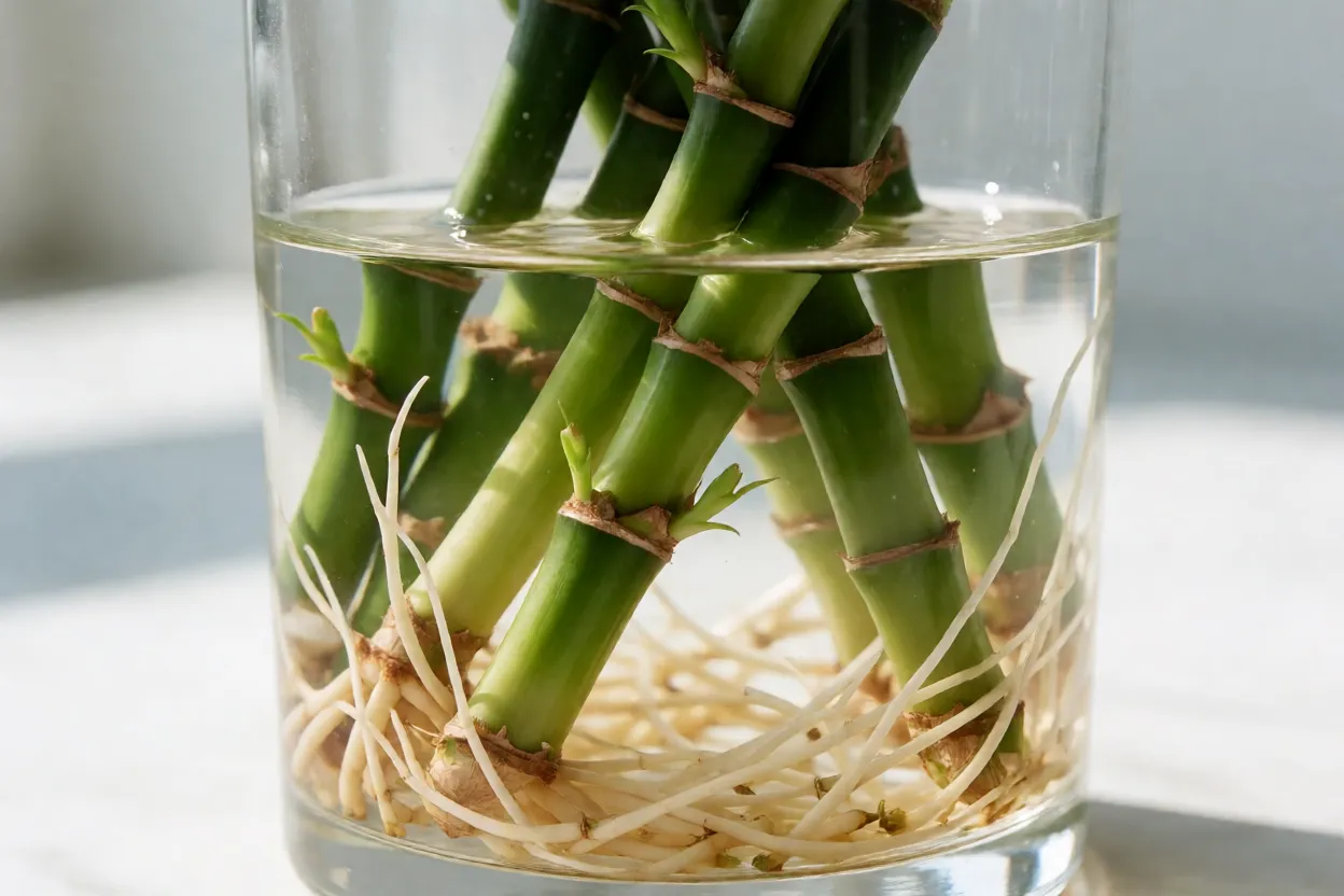 Bambu-da-sorte: significado, crescimento, cultivo na água e cuidados Estacas de bambu-da-sorte enraizando na água