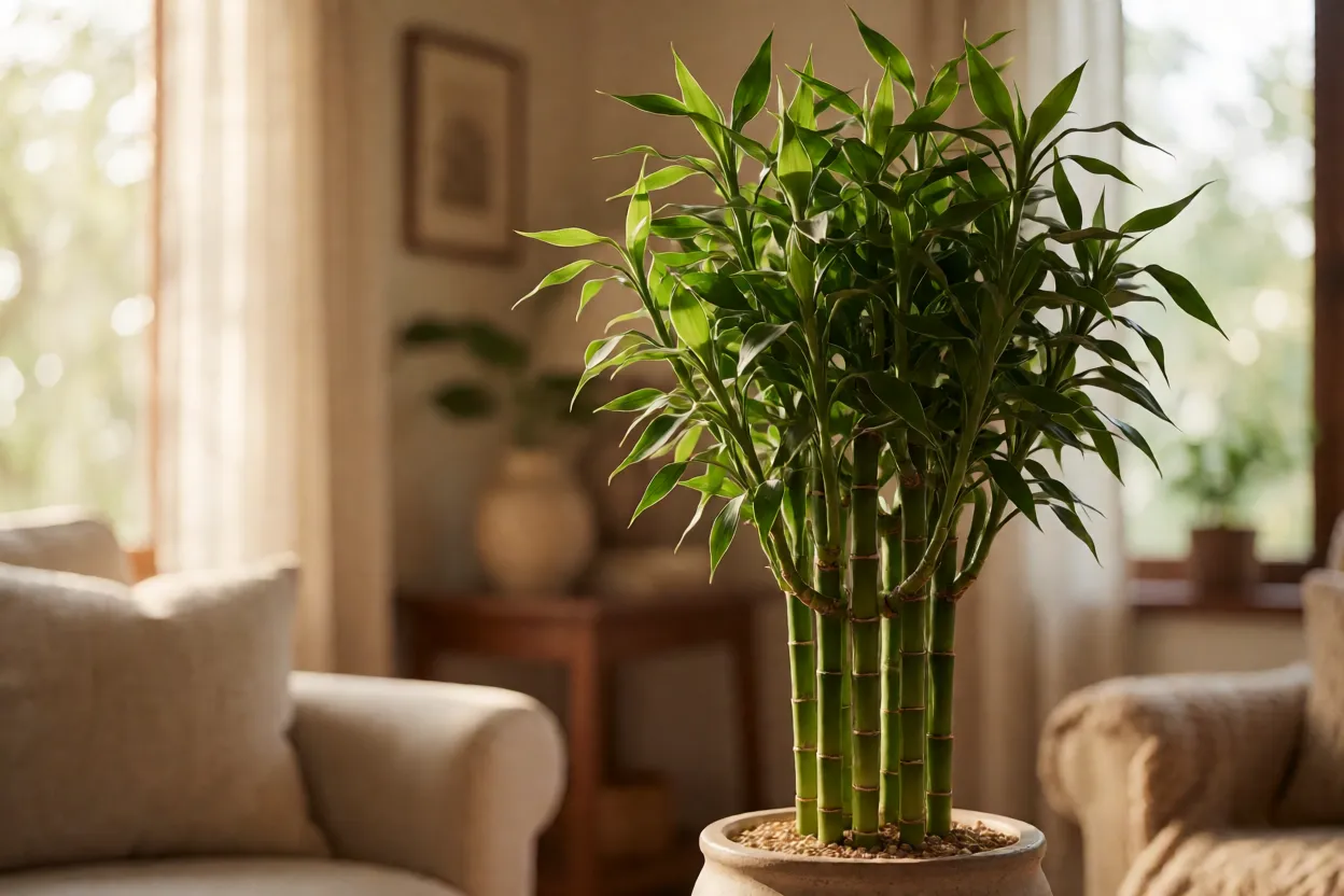 Bambu-da-sorte: significado, crescimento, cultivo na água e cuidados Bambu-da-sorte em ambiente interno com temperatura agradável