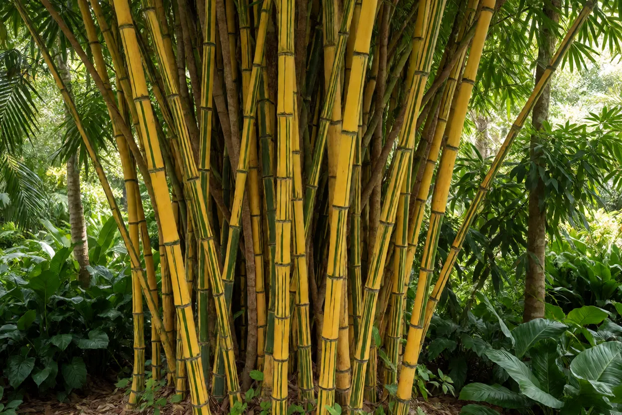 Touceira adulta de bambu-imperial com colmos amarelos listrados de verde em jardim tropical