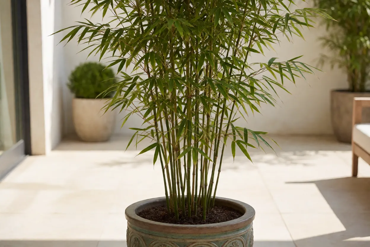 Bambu-imperial jovem cultivado em vaso grande