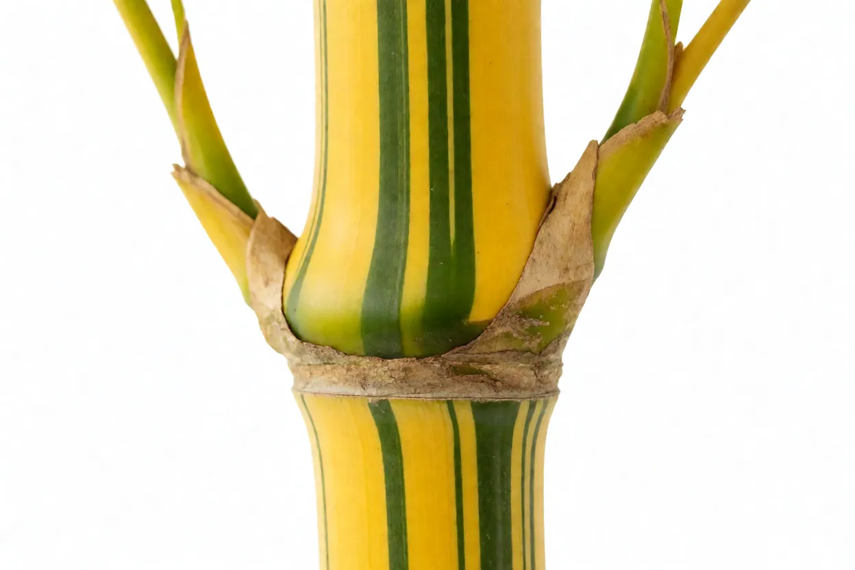Detalhe dos colmos amarelos com listras verdes do bambu-imperial