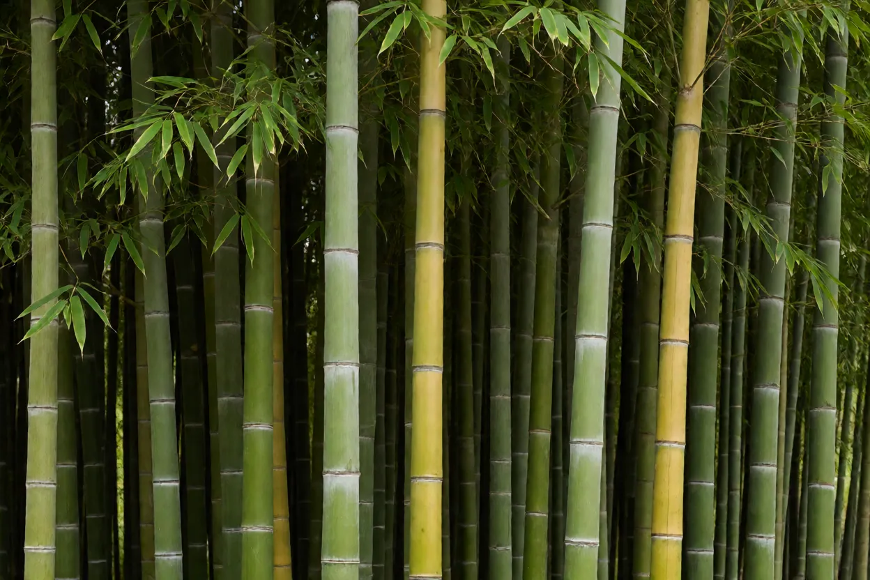 Colmos altos e eretos de bambu-moss&ocirc; com folhas verdes delicadas sob luz natural