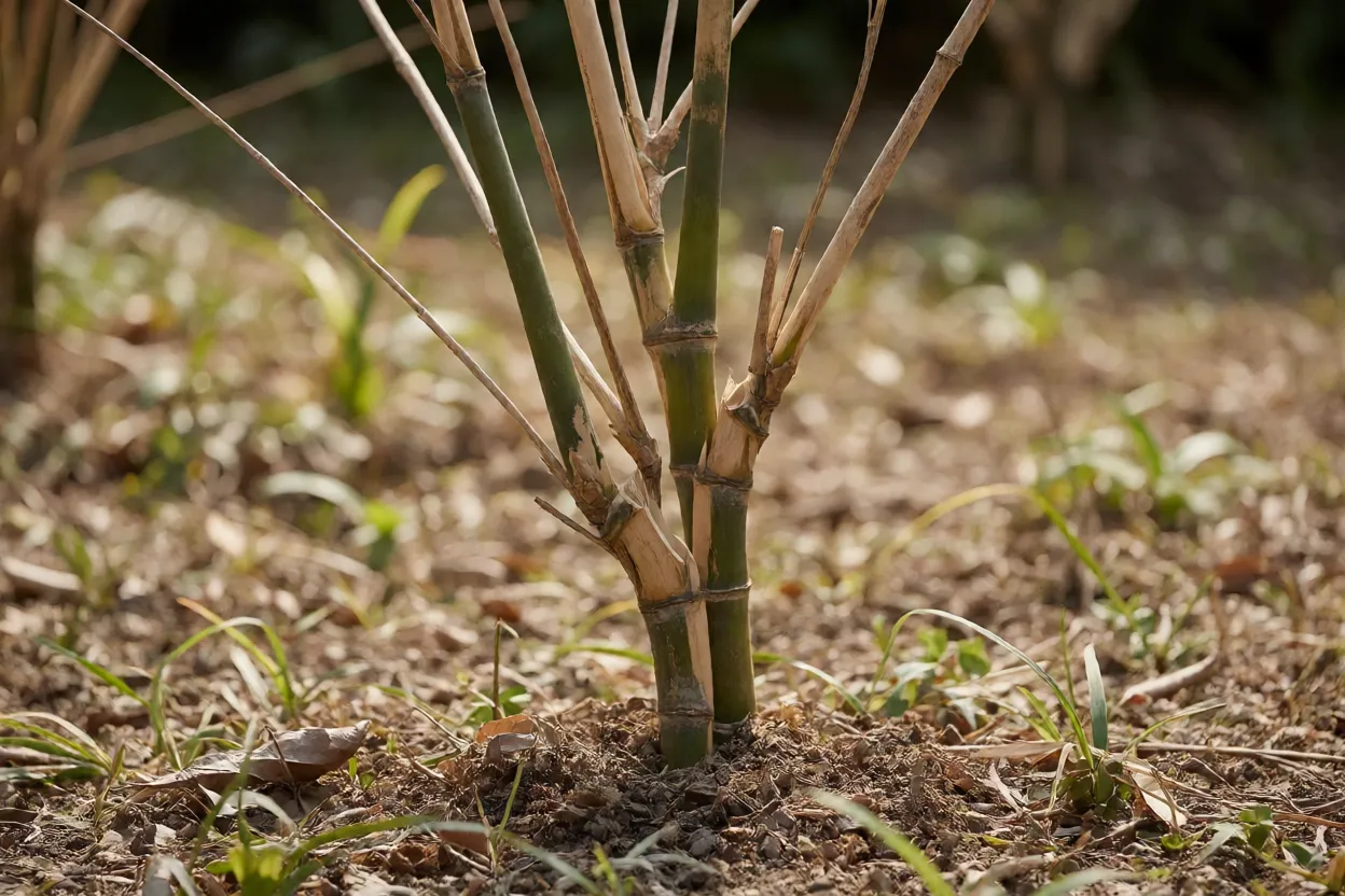 Poda de colmos secos e finos em touceira de bambu-moss&ocirc;