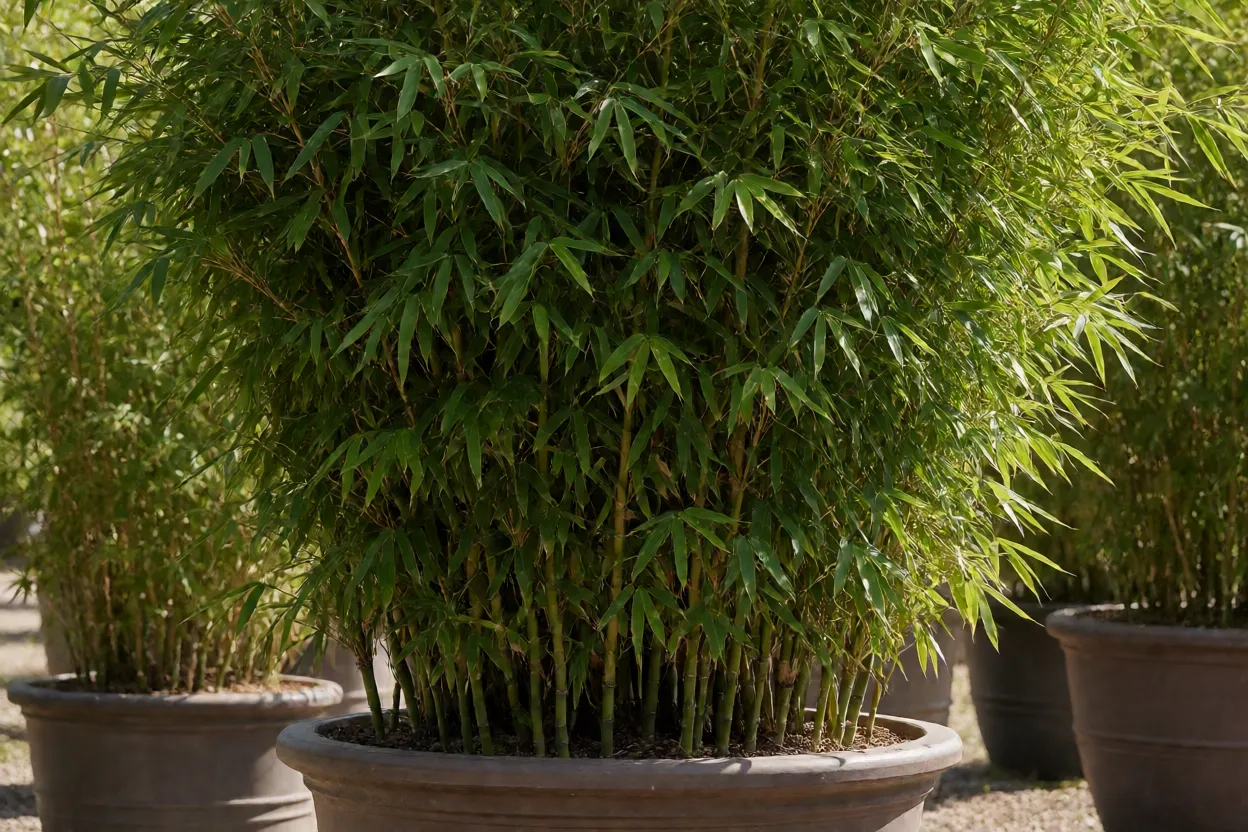 Bambu-moss&ocirc; cultivado em vaso grande em &aacute;rea externa