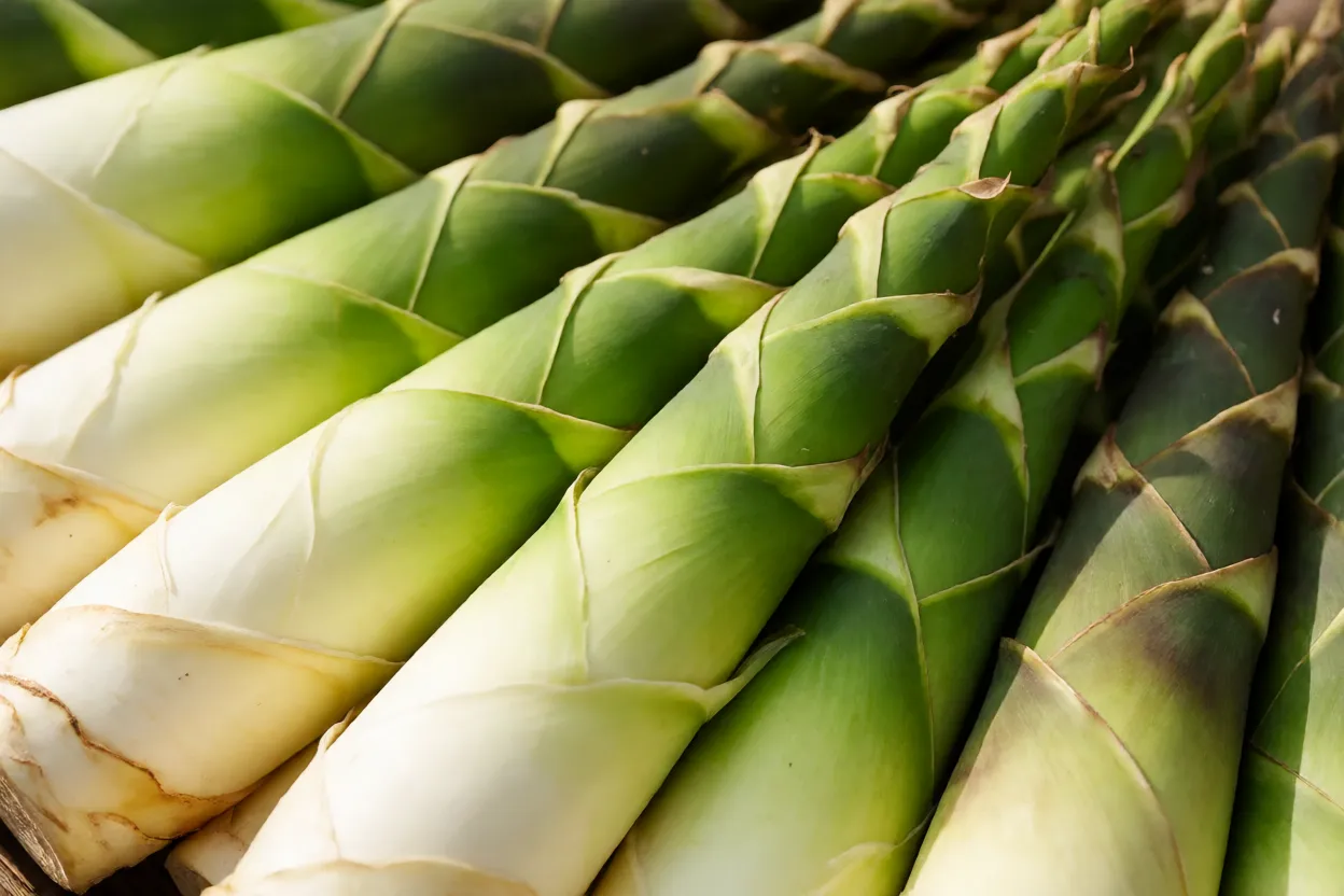 Brotos jovens de bambu-moss&ocirc; colhidos e prontos para preparo culin&aacute;rio
