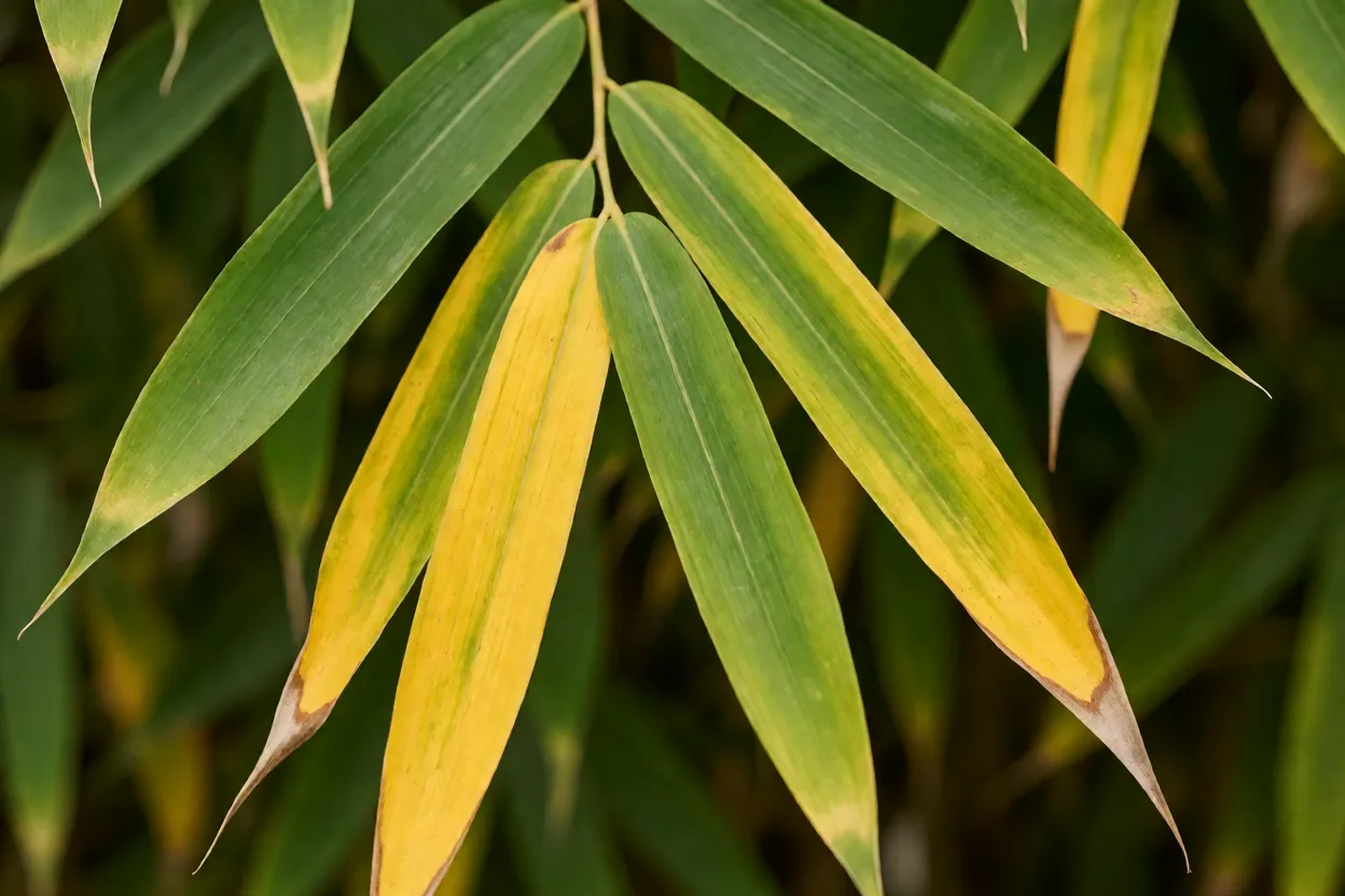 Folhas de bambu-moss&ocirc; com sinais de amarelecimento por defici&ecirc;ncia nutricional
